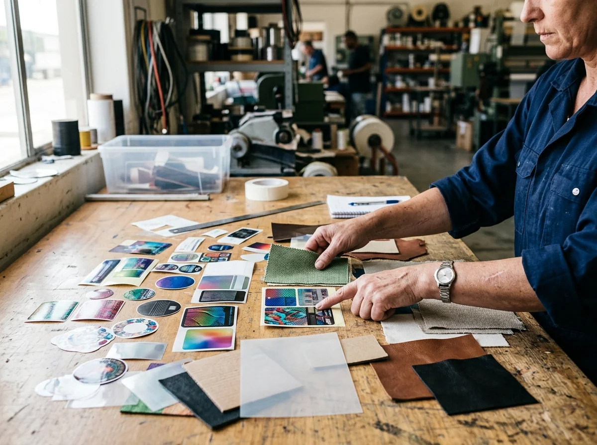 Material and printed label samples coordination