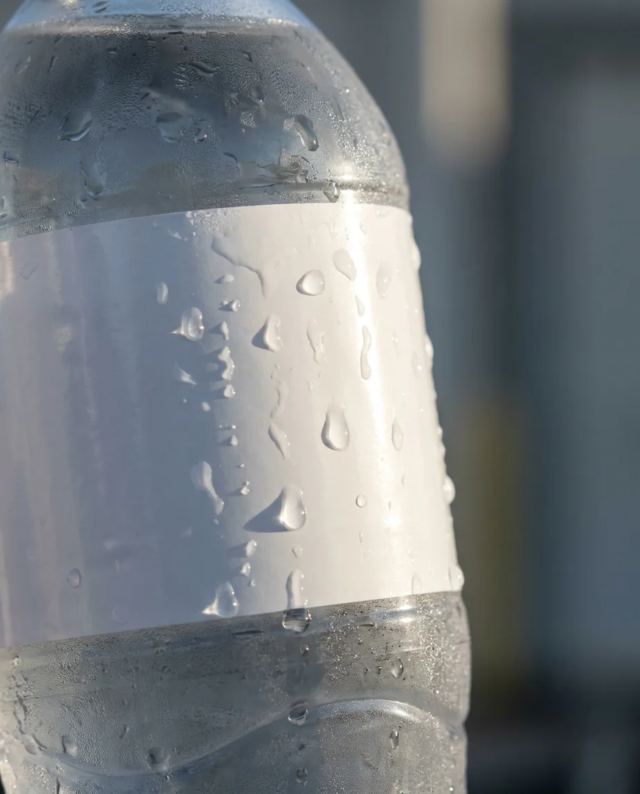 Water droplets beading and rolling off the face of a BOPP label on a bottle
