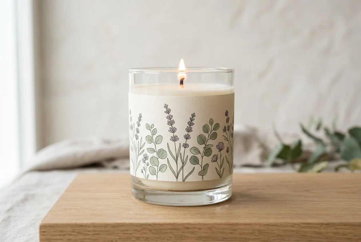 Candle jar labels sized to the curve of glass and ceramic vessels