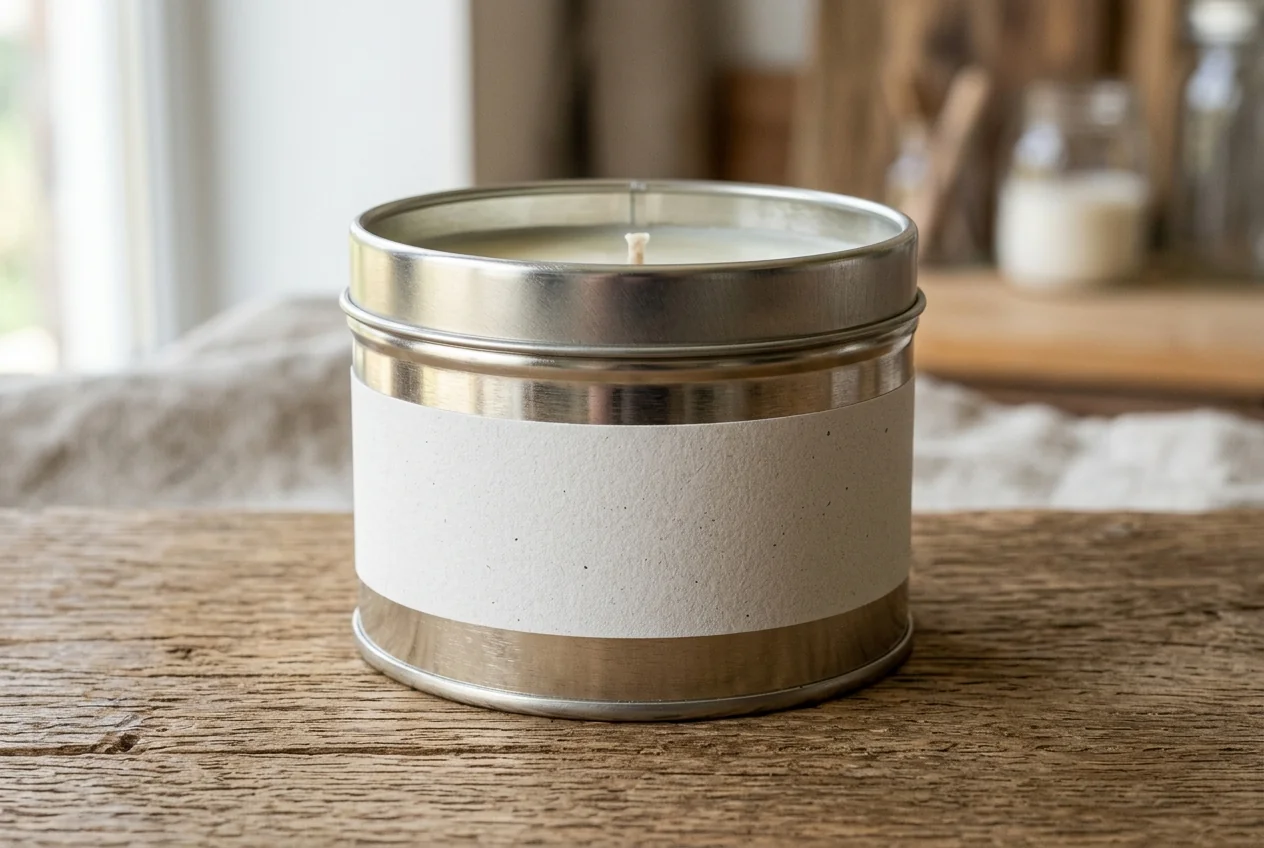 Candle tin labels with a high-tack bond on smooth metal