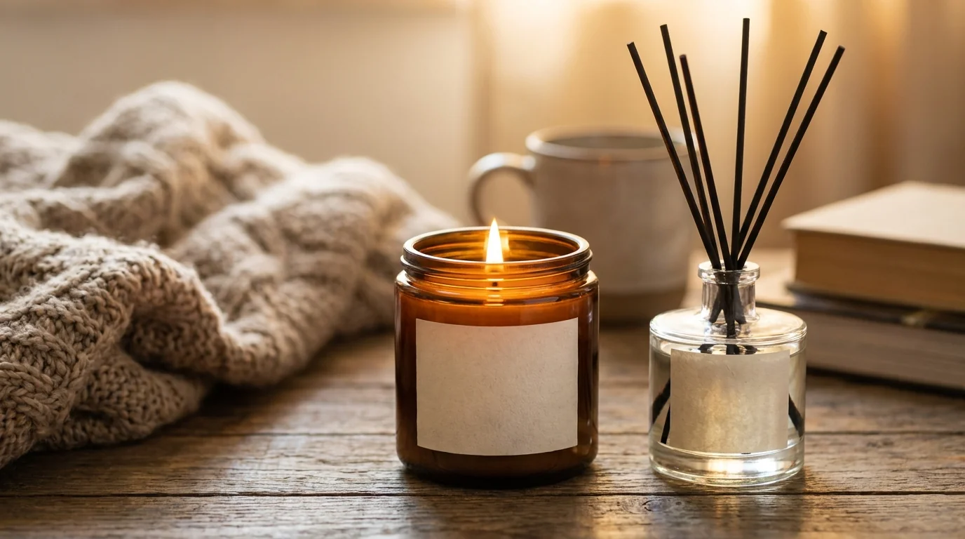Warm ambient scene with a lit glass-jar candle and a reed diffuser on a styled surface
