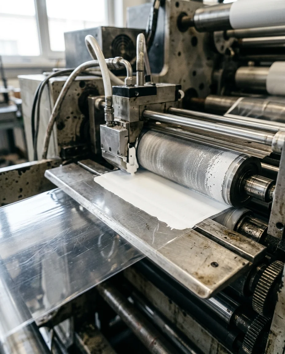 A label press laying a white-ink underprint layer on transparent film