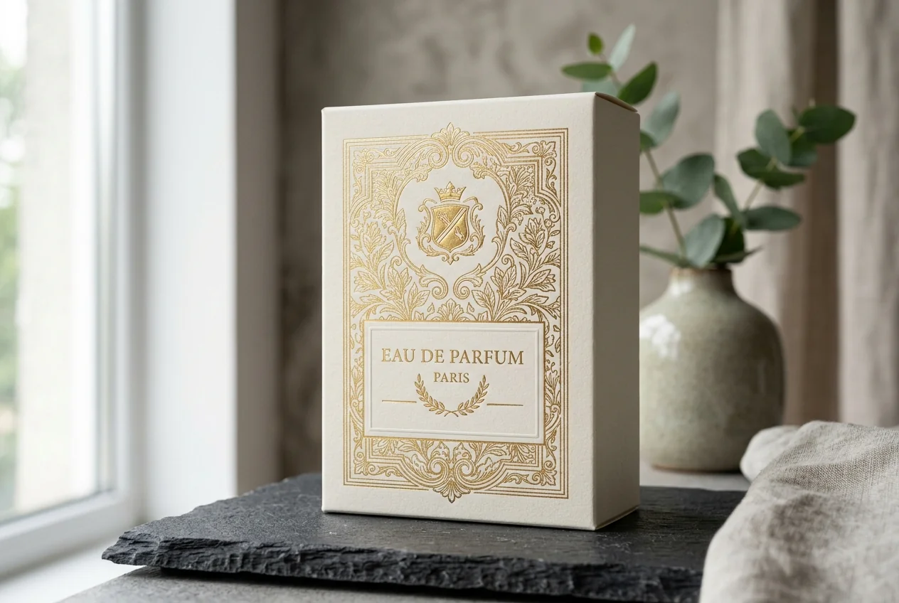Foil and emboss detail on premium luxury packaging