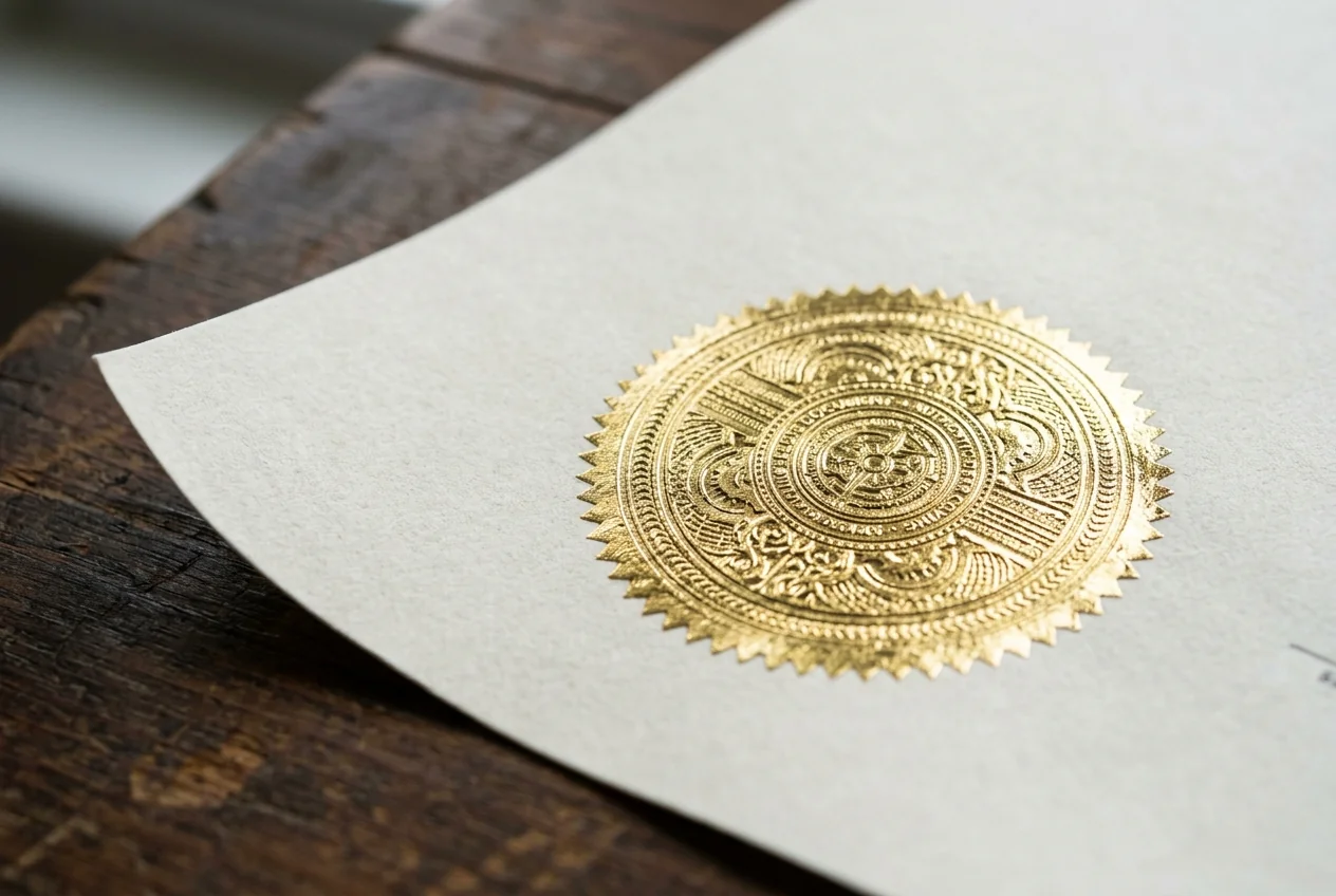Gold foil seal on a certificate to deter copying