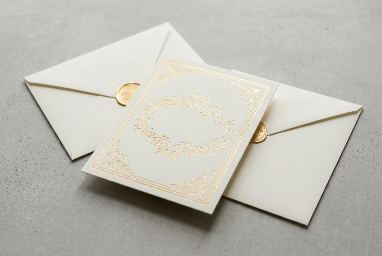 Foil detail on invitation cards and stationery-style labels