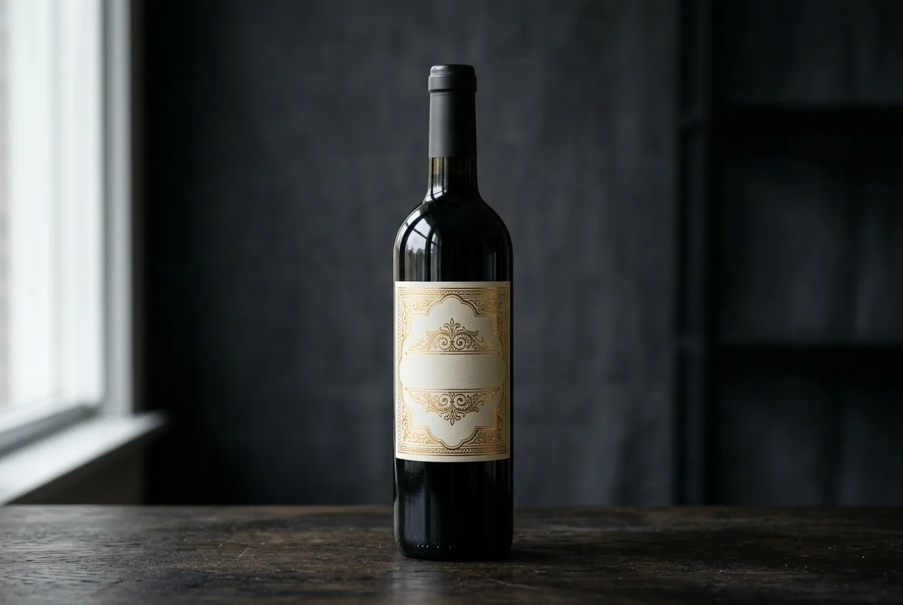 Gold foil accents on a wine and spirits bottle label