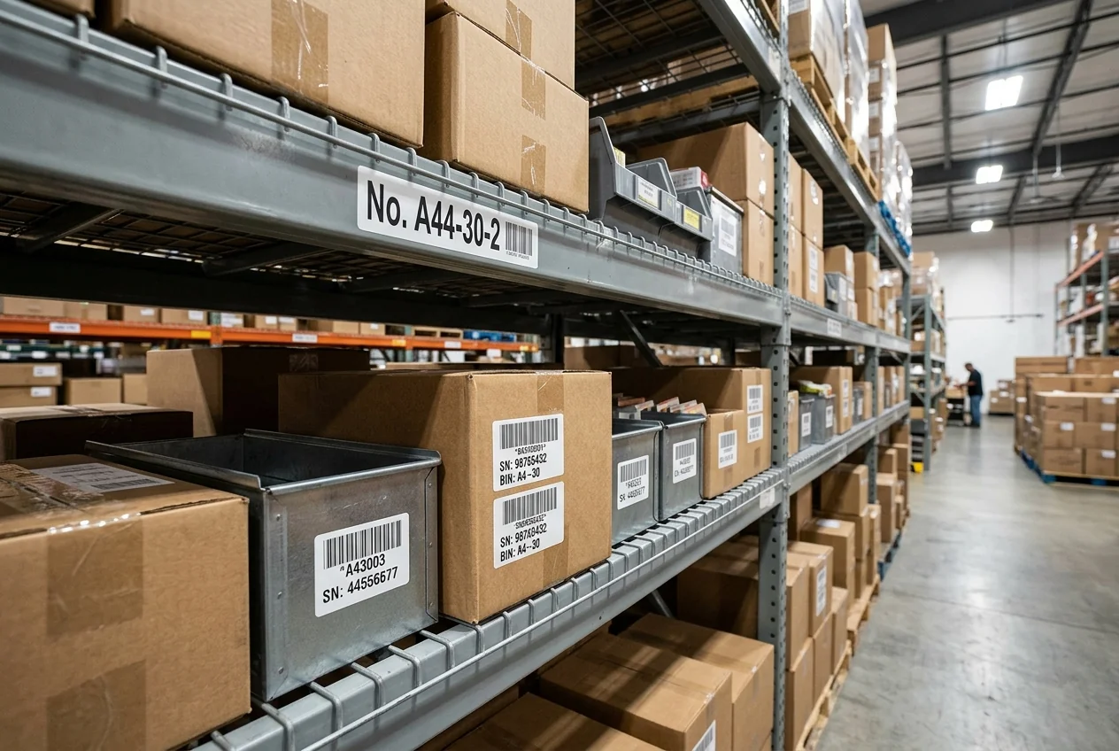 Asset and rack labels with barcodes and serial numbers