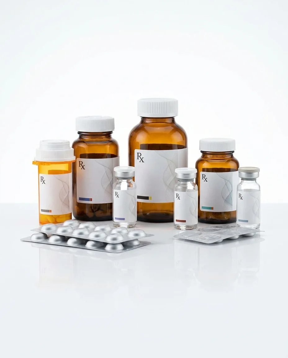 Pharmaceutical Rx bottles, vials and blister packs with custom labels