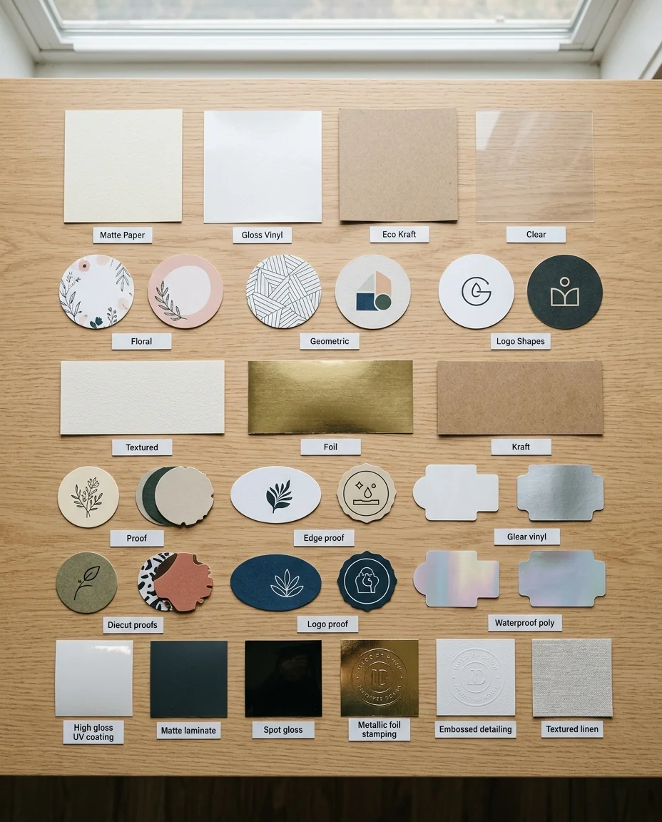 Custom label sample pack and material swatches