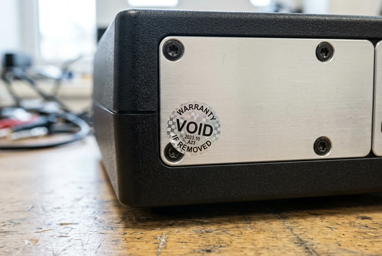 Void-if-removed warranty seal labels on a product