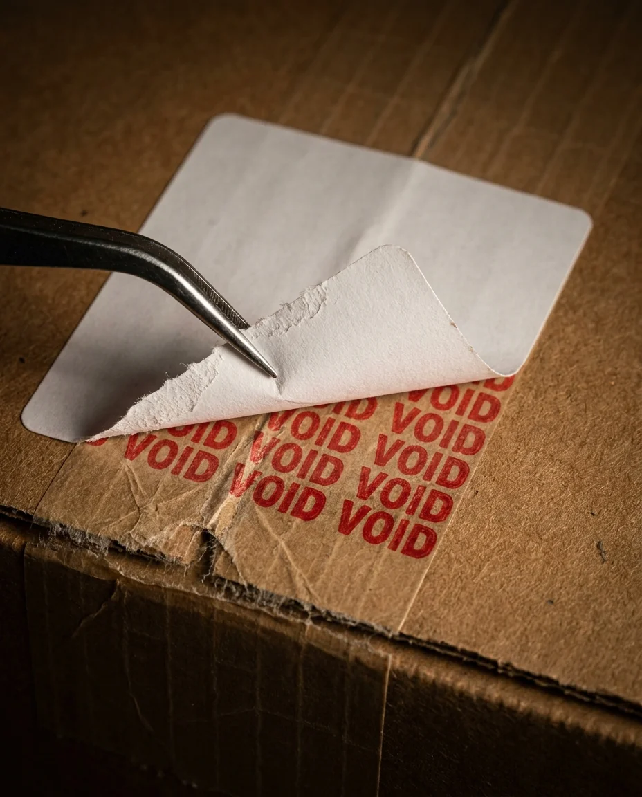 A tamper-evident security seal being peeled at one corner, revealing VOID residue on the surface