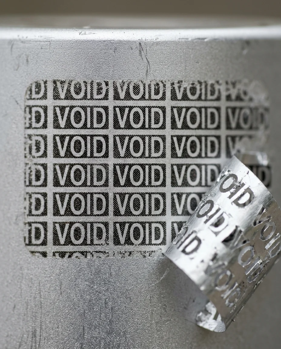 A close-up of a removed VOID security label leaving readable residue on the surface