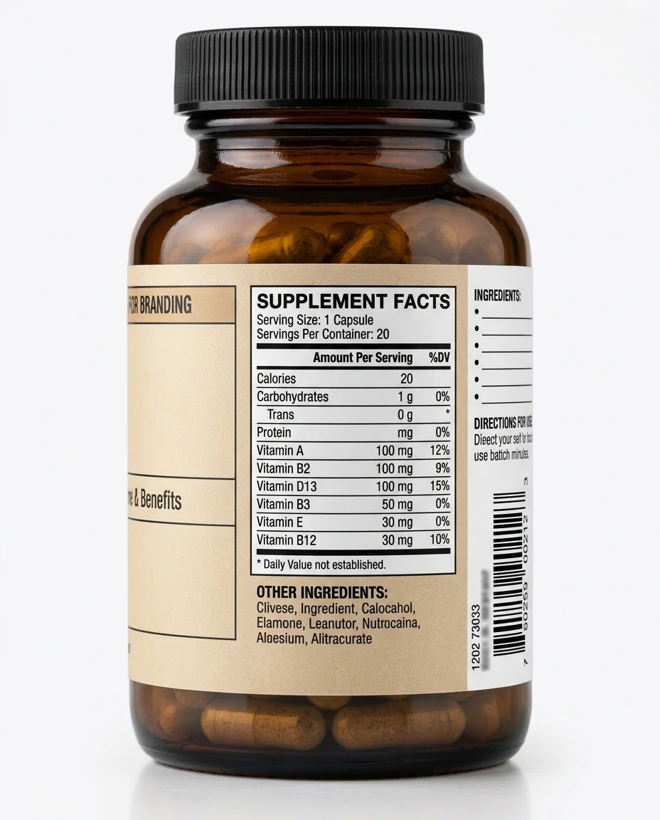 Supplement bottle showing front, supplement facts, ingredient, barcode and batch label zones