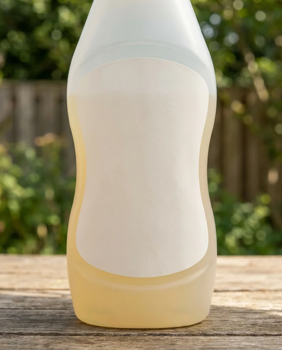 A vinyl label wrapping the curve of a squeeze bottle for outdoor use