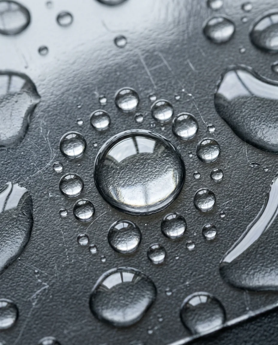 Macro close-up of a laminated waterproof label with water droplets beading on its surface